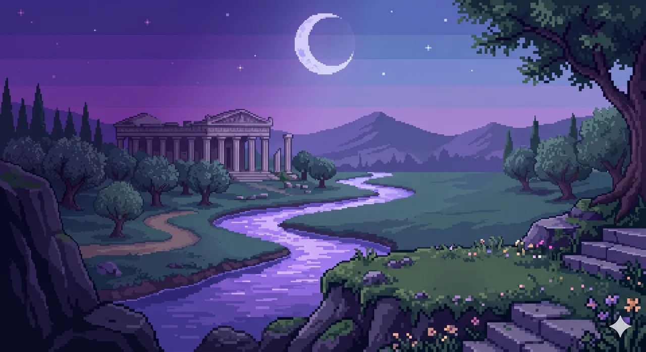 Orpheus — a twilight valley with a temple, a winding river, and a crescent moon